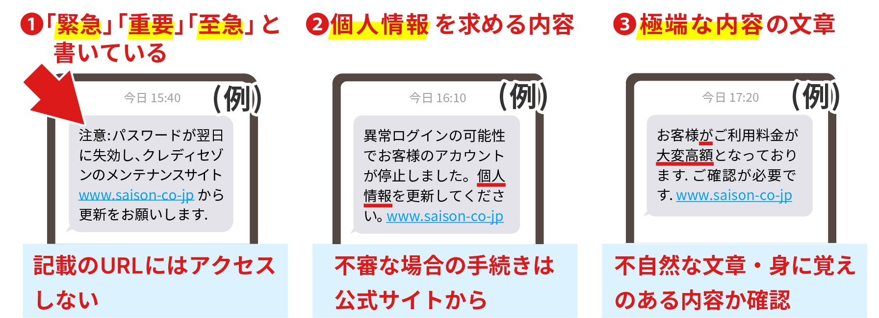 ①緊急、重要、至急と書いている②個人情報を求める内容③極端な内容の文章