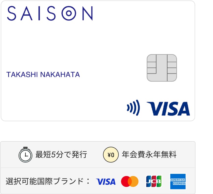 セゾンカードデジタル カード券面画像。最短５分で発行。年会費永年無料。選択可能国際ブランドはVISA・マスター・JCB