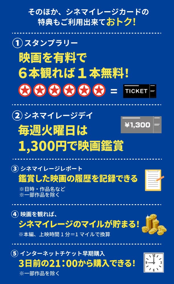 映画好きにはうれしい5つのサービス。①映画を有料で6本観れば1本無料！②毎週火曜日は1,300円で映画鑑賞できます。③鑑賞した映画の履歴を記録できます。④シネマイレージのマイルが貯まります。⑤インターネットチケットは3日前の21：00から購入できます。