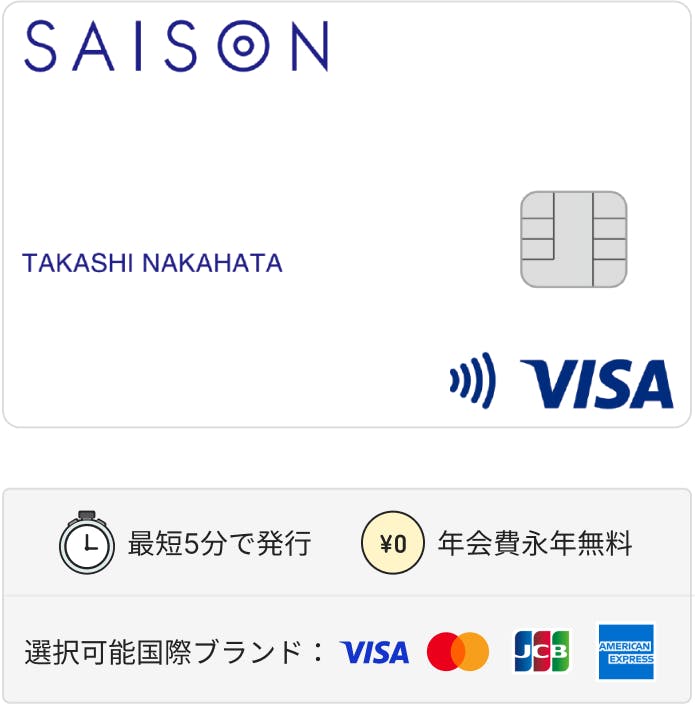 セゾンカードデジタル カード券面画像。最短５分で発行。年会費永年無料。選択可能国際ブランドはVISA・マスター・JCB