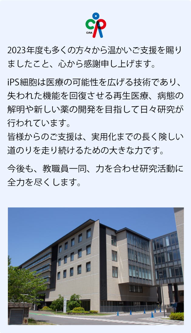 2023年度も多くの方々から温かいご支援を賜りましたこと、心から感謝申し上げます。iPS細胞は医療の可能性を広げる技術であり、失われた機能を回復させる再生医療、病態の解明や新しい薬の開発を目指して日々研究が行われています。皆様からのご支援は、 実用化までの長く険しい道のりを走り続けるための大きな力です。今後も、教職員一同、力を合わせ研究活動に全力を尽くします。