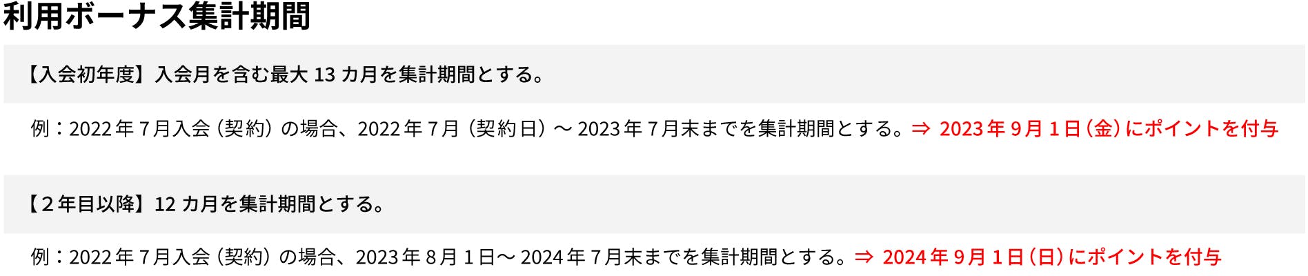 【利用ボーナス集計期間】入会初年度：入会月を含む最大13カ月を集計期間とする。例：2022年7月入会（契約）の場合、2022年7月（契約日）～2023年7月末までを集計期間とする。⇒2023年9月1日にポイントを付与。・２年目以降：12カ月を集計期間とする。例：2022年7月入会（契約）の場合、2023年8月1日～2024年7月末までを集計期間とする。⇒2024年9月1日にポイントを付与　